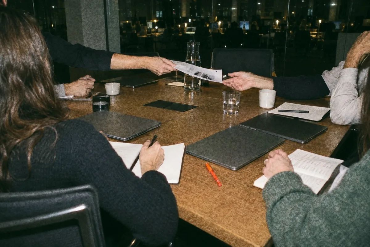 Hands around a meeting table in the evening, one person passing a printed page to a colleague while the others lean in