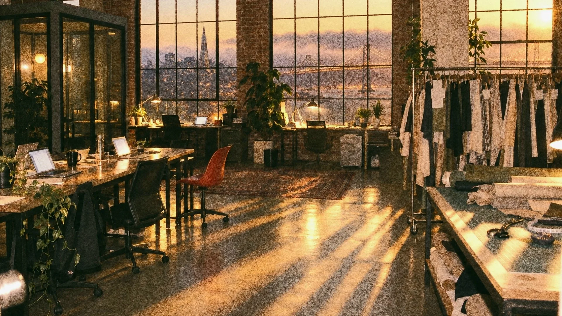 A San Francisco loft office in morning sunlight, desks on one side and a rail of garment samples on the other