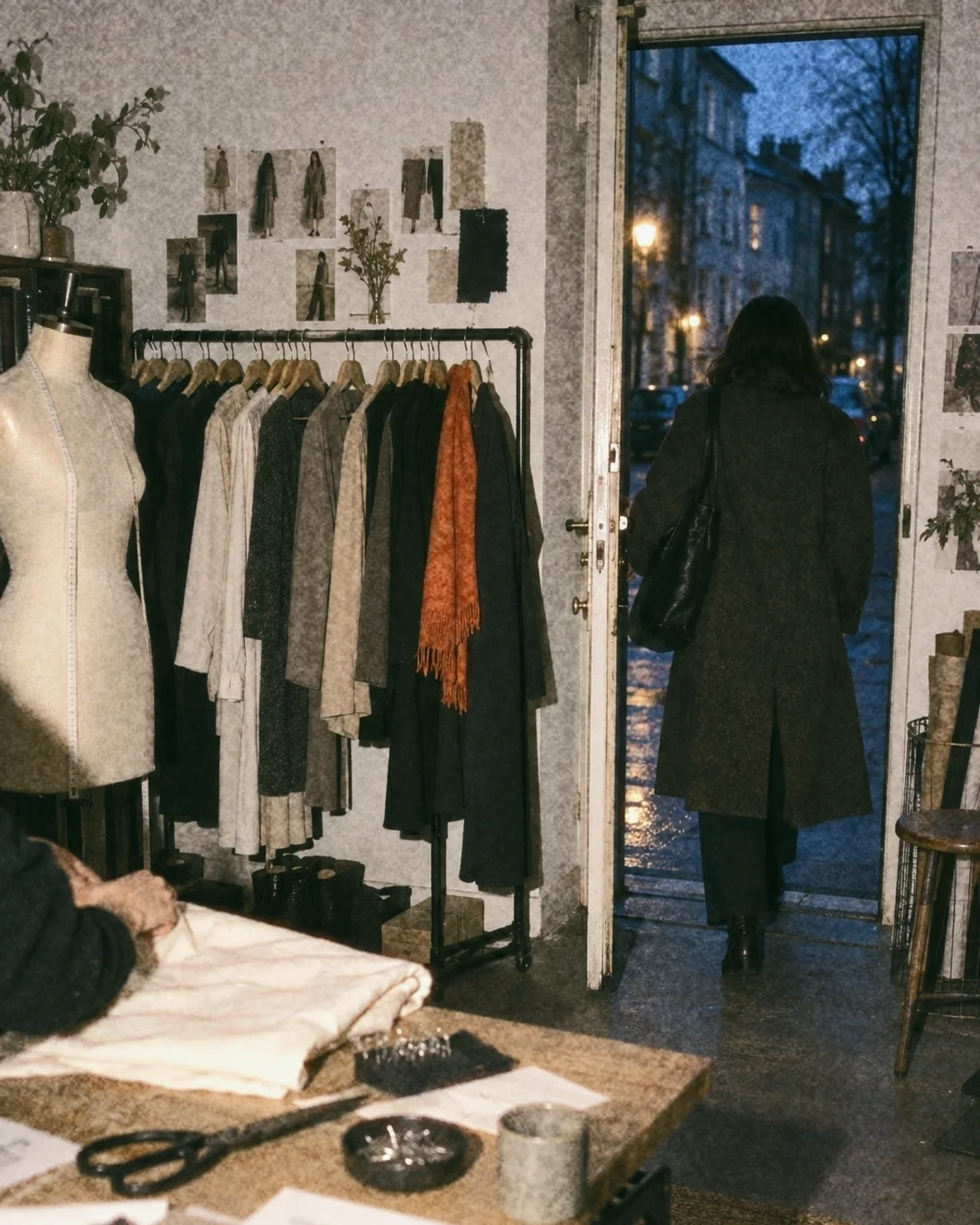 Someone in a long coat walking out of a tidy studio into the evening street
